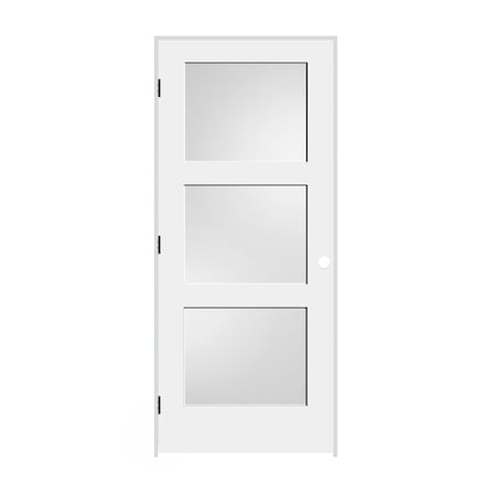 Codel Doors 34"x80"x1-3/8" Primed 3-Panel Equal Panel w/White Lami Glass Interior Shaker 4-9/16" RH Prehung Door 2168pri8433GLRH10B4916
